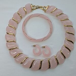 Vintage Lucite Set; Necklace, Bracelet, & Earrings - Chunky Pink & Gold